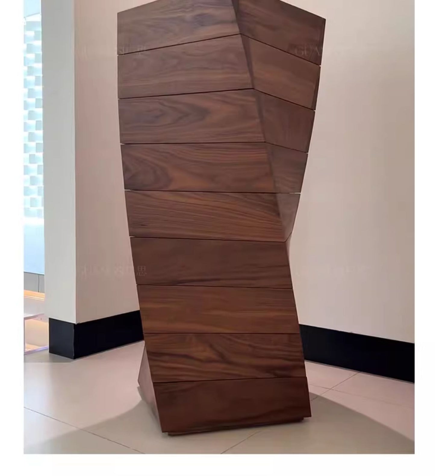 Italian walnut minimalist twisted art storage side cabinet
