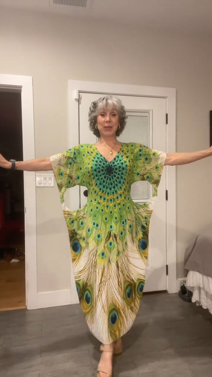 Peacock-print milk silk maxi dress
