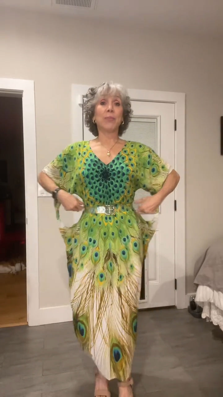 Peacock-print milk silk maxi dress