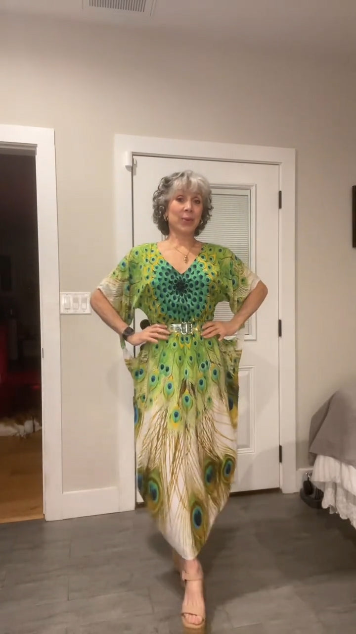 Peacock-print milk silk maxi dress