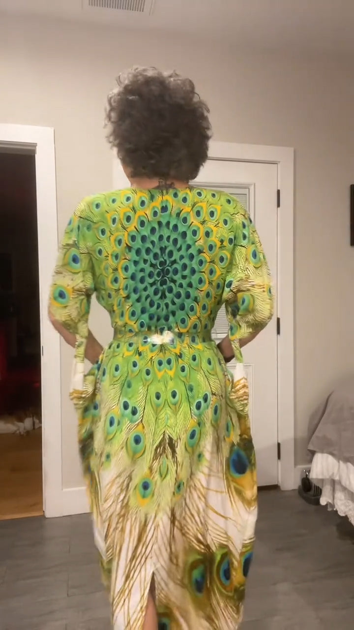 Peacock-print milk silk maxi dress