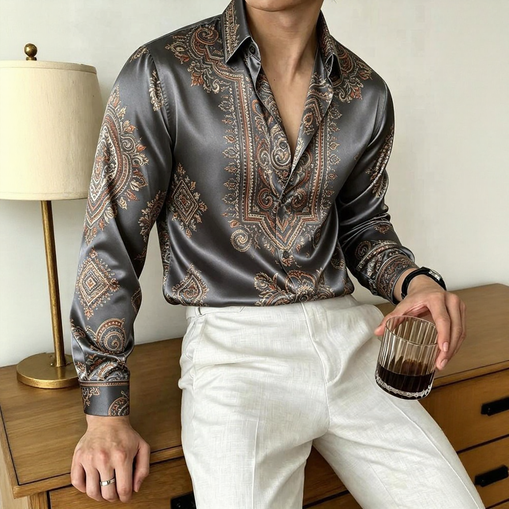 Paisley Pattern Satin Long Sleeve Shirt