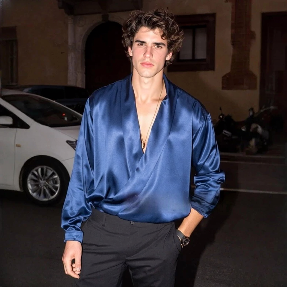 Luxury Satin Wrap Long‑Sleeve Shirt