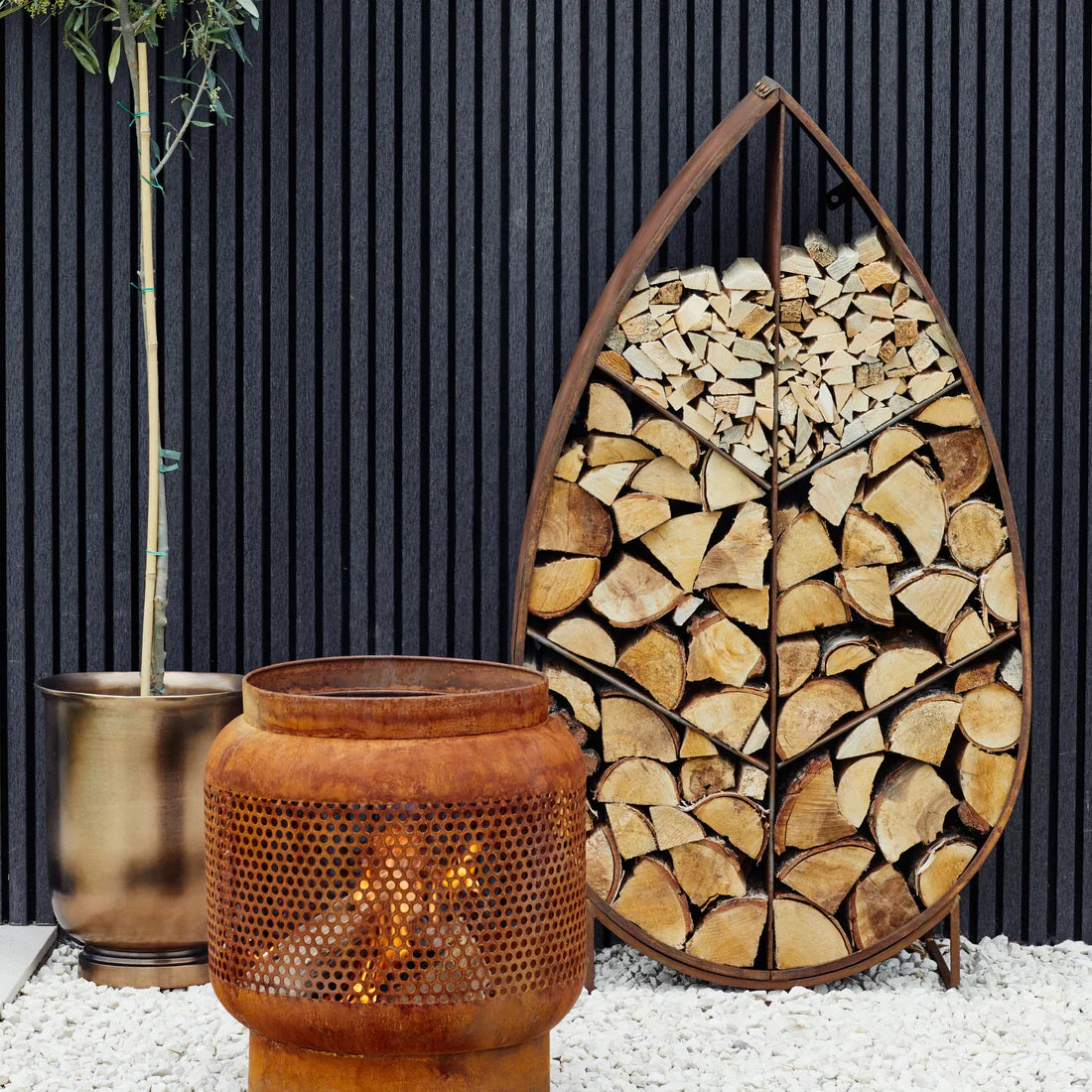 Ivyline, Leaf on Stand Sculptural Log Storage Natural Rust