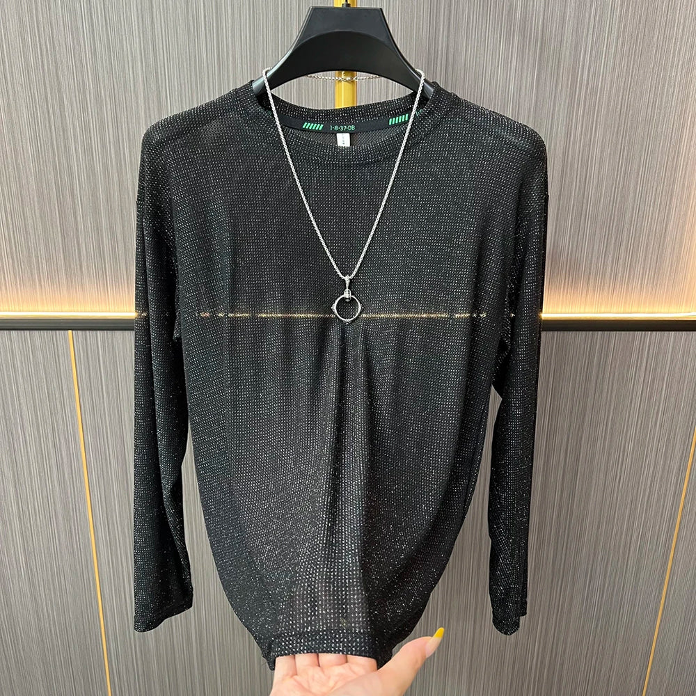 Shimmer Mesh Crew Neck Long‑Sleeve Top